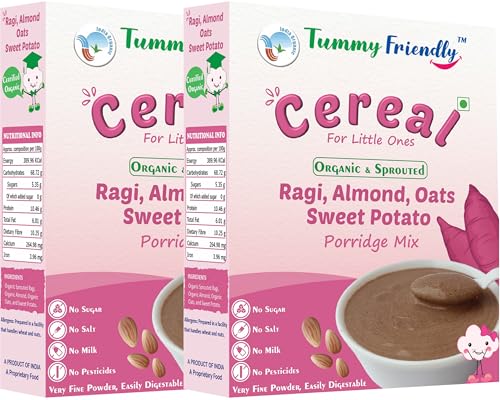 Image of TummyFriendly Foods Certified Organic Sprouted Ragi, Almonds, Oats, Sweet Potato Porridge Mix | Made of Sprouted Ragi Powder, Almond Cereal Organic Baby Food for 8 Month. Sprouted for Calcium, Iron | Maximum Nutrition From Real Food | Available in Trial Baby Packs too | Shelf-life 9 month | 200g (RagiSweetPotato2x200g)