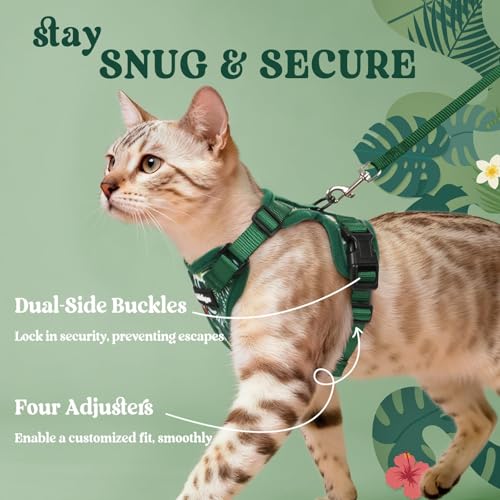 Image of rabbitgoo Cat Harness and Leash Set, Escape Proof Vest, Rainforest Green | Soft Breathable Mesh, Easy Adjustable Fit, Snap Buckles, Sturdy Clip, Reflective Strips, for Average Cats Walks, S