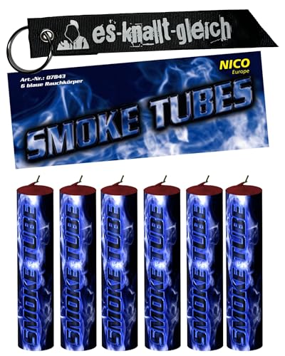 Rauchfackel Smoke Tubes im 6er Pack in Rot Blau Gelb Grün Orange Weiß Mix von NICO Europe mit Anhänger (Blau)