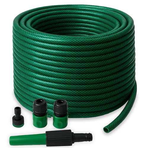 iTrend 50m PVC Fiber Braided Reinforced Garden Water Hose Pipe Set with Nozzles & Fittings Durable Flexible Weatherproof 4 Spray Patterns for Garden Car Wash & Irrigation
