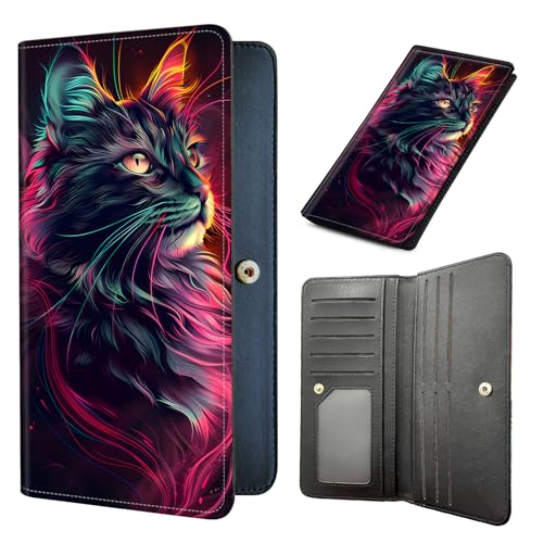 Long Women Wallet, Ultra Slim Thin Wallet for Women, RFID Blocking PU Leather Credit Card Holder, Multi-Card Slots Business Travel Bifold Clutch, Elegant Black Cat