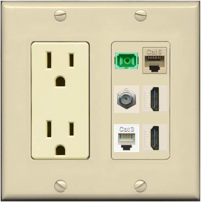 RiteAV 1 Port Fiber Optic Jack SC Simplex APC + Cat6 + Coax + 2 x HDMI + Phone Wall Plate - Outlet [Light-Almond/White]