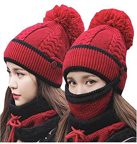 3 In 1 Winter Knitted Beanie Hat Scarf Mouth Mask Set For Women Girls, Warm Fleece Lined Ski Cap With Pompom Neck Warmer (Red) #TOP28