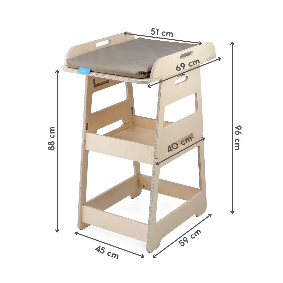 Mamatoyz - 19CFLAT - Fasciatoio neonato, materasso impermeabile incluso, fasciatoio trasformabile in tavolino e sedia per bambino, ripiani per accessori, legno di betulla