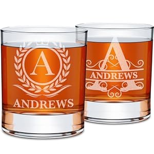 On The Rox Drinks Personalized Whiskey, Bourbon Glass Gifts for Men – 11 oz Engraved Name Monogram Scotch Glass Set of 2 – Customized Cocktail, Rocks, Brandy Glass