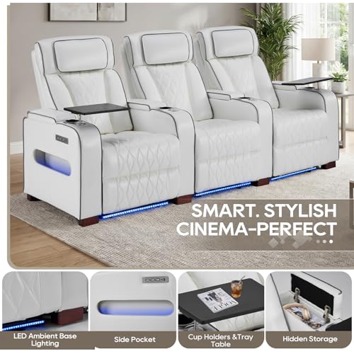 Image of Luxury Home Theater Seating - Power Recliner with Adjustable Headrests, Blue LED Ambient Lighting, Tray Table, USB & Type-C Charging (Pure White,3 Seat)