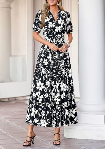 Image of PRETTYGARDEN Women's Summer Boho Floral Maxi Dresses | Bohemian Flower, Short Sleeve V Neck, Fit and Flare, A Line, Flowy Tiered, Belt Pocket, Wedding Guest, Beach Vacation Outfits