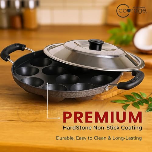 Image of Courage Non-Stick Appam Pan with 12 Cavities & Stainless Steel Lid | Appam Pan with Double Handle | Appam Maker | Litti Pan | Appam Pan | Dishwasher Safe (1, Black)