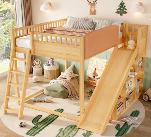 Image of Bellemave Bunk beds Full Over Full with Slide and Stair and upholstered headboard, Low bunk /loft Bed for Kids,Natural