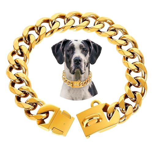 BAOBOTE Goldfarbenes Hundehalsband, 23 mm, mit kubanischem Glieder-Hundehalsband, robustes Trainingshalsband, kaufest für mittelgroße Hunde (45,7 cm, Gold)