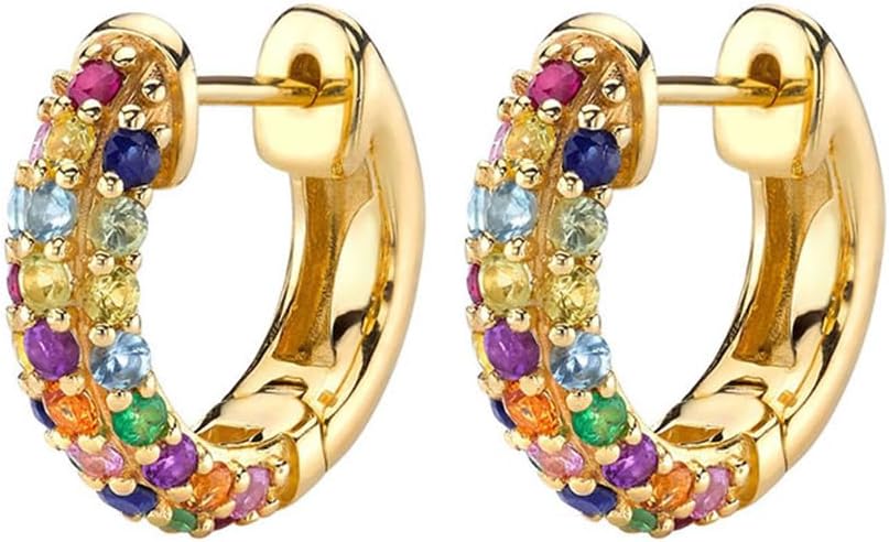 Dainty Chunky CZ Colorful Small Hoop Earrings for Women Cartilage Cute 925 Sterling Silver Post Gold Plated Cubic Zirconia Birthday Huggie Hoops Hypoallergenic Fashion Jewelry Gift Her