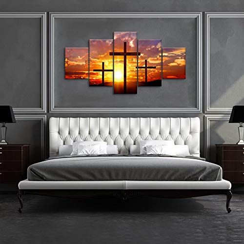 Viivei Christian Sunset Crosses Cross Wall Art Christ Poster Canvas Prints Art Home Decor For Living Room Modern Pictures 5 Panel Large Hd Printed Painting Artwork Framed Ready To Hang (60" Wx32 H) #TOP4