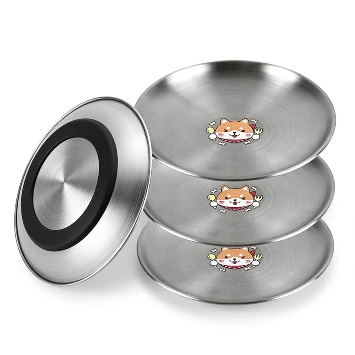 PRITOK Stainless Steel Cat Bowls: 4 Pack Thickened Non-Slip Whisker Friendly Cat Bowls, Creative Cartoon Pattern Shallow Cat Bowl, Wide Cat Bowl, for Feeding Cats and Dogs (17CM)