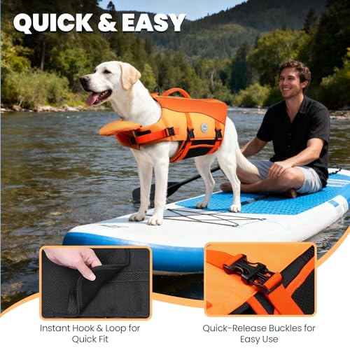 Image of VIVAGLORY Dog Life Vest Front Float Dog Swim Vest, M, Dark Orange | Life Jacket with Chin Float & Handle for Swimming & Boating, High Visibility Adjustable for Doggy Cat Puppy
