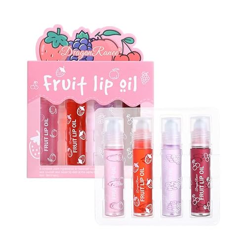 Fruchtiges Lippenöl Set, 4 Stück, Transparente Lippenpflege mit Fruchtgeschmack