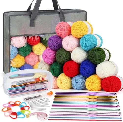 Crochet Kit for Beginners & Adults Complete Crochet Set with Yarn & All Essential Crochet Accessories DIY Craft Kit for Novice to Professional Crocheters (20 grey)