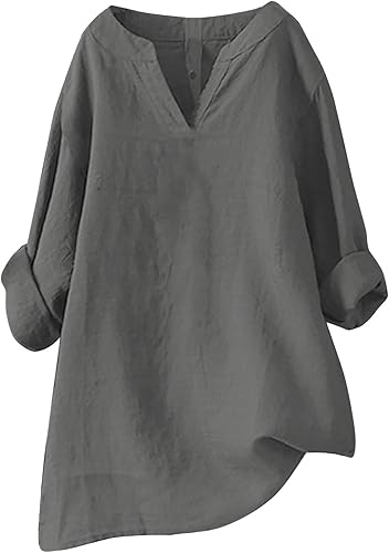 Plus Size Womens Tops Dressy Casual Fall Clothing Linen Shirts Trendy V Neck Tunic Tops Breathable Button Blouse Tees