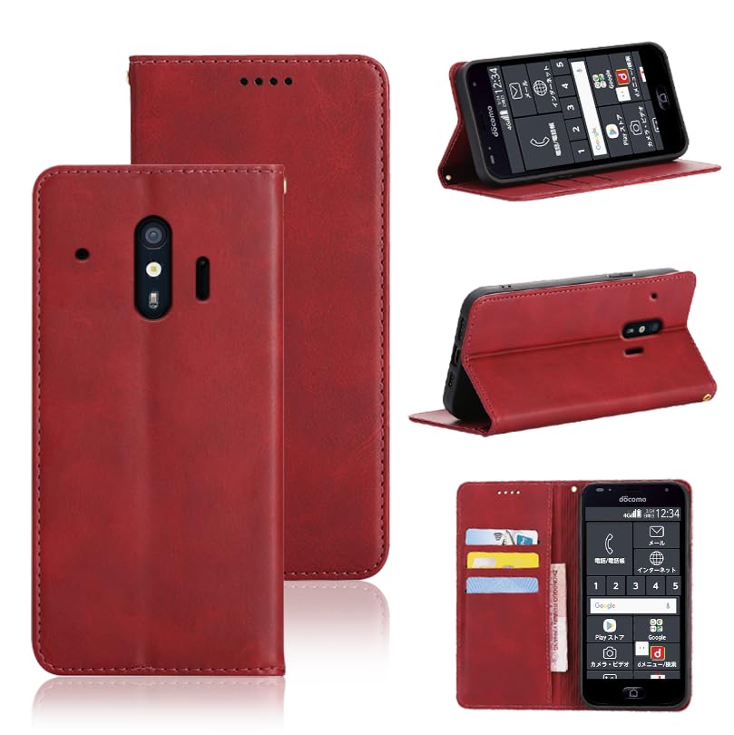 適用 らくらくスマートフォン me F-01L / F-42A ケース 手帳型 カバー PUレザー カード収納 財布型 耐衝撃 ケース マグネット スタンド機能付き 5色 (レッド)