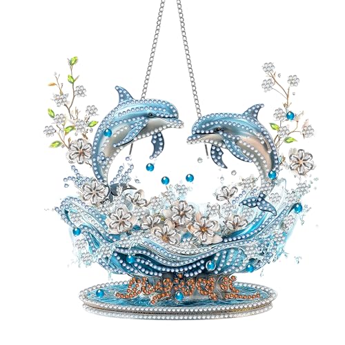 Pavemlo Hanging Diamond Art Kits for Adults Dolphin Ocean   8x8 Inch Double Sided Acrylic Board DIY Crystal Diamond Suncatcher Pendant, Sparkling Home Wall or Window Decoration Handmade Gift