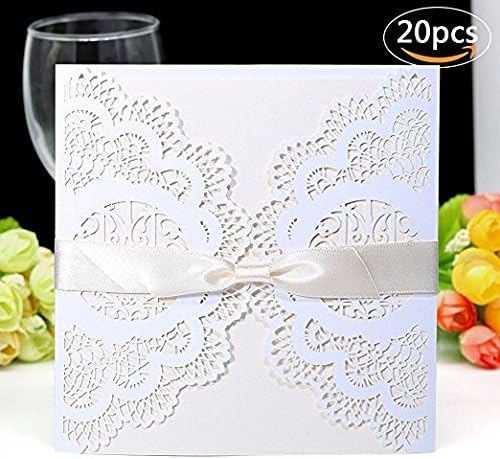 Wedding Invitations Cards, Cordliya Laser Cut Invitations Kits 20 PCS Including Envelopes & Printable Papers and Ribbon Bowknot for Wedding Bridal Bride Shower Party Creamy-White