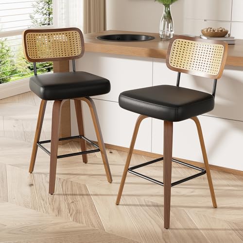 Image of Swivel Bar Stools Set of 5, 26 inch Upholstered Faux Leather Counter Height Barstools with Rattan Back & Bentwood Legs, Mid Century Modern Bar Chairs Island Stools for Kitchen Counter, Black
