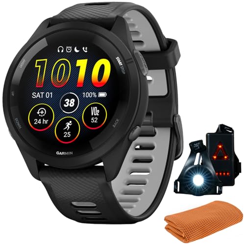Garmin Forerunner 265 Running GPS Smartwatch, AMOLED Display, 46mm, Black/Powder Gray, 010-02810-00 - Bundle w/Deco Essentials Cooling Towel and Commuter Safety Lights