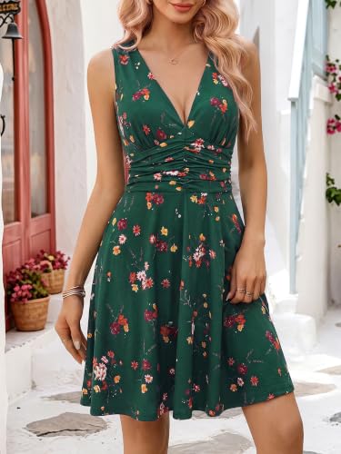 Image of OURIN Women's Spring Deep V Neck Sleeveless Floral Sundresses with Pockets Flowy Summer Dresses for Women