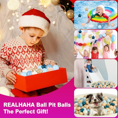 Realhaha Star Ball Pit Balls with Bear and Heart Shape, for Toddlers Babies Kids Playpen Pool Puppy Dog Cat Play, 200pcs, Blue Milktea - Thumbnail 4