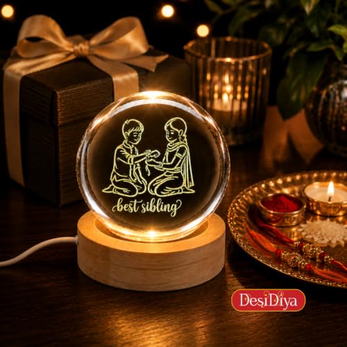 Image of Desidiya 3D Crystal Ball LED Lamp for Brother Sister Rakhi Gift, USB Base | Made from clear K9 crystal with a smooth finish and elegant wooden LED base.
