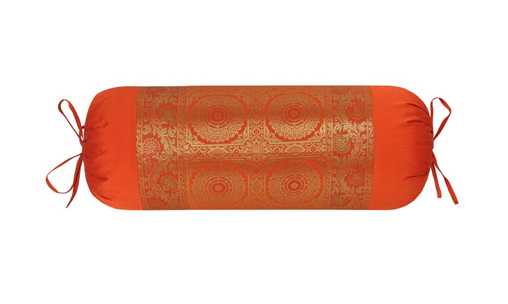 Lalhaveli Designer Handmade Orange Silk Fabric Bolster Cushion Cover 76 x 38 Cm