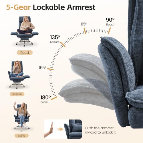 Image of HUBSON Big and Tall Office Chair, Footrest & Flip Armrest for Pets, Blue | Executive Ergonomic Criss Cross Chair, Reclining High Back Desk Chair, Chenille Swivel Computer Chair with Lumber Pillow