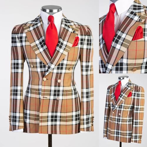 Men's Checked Blazer Double Breasted Jacket Formal Business Activity Suit Coat4