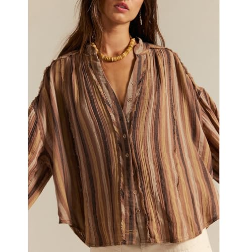 Women Front Button Down Vintage Plaid Striped Batwing Blouse Shirt Y2k Long Sleeve V Neck Gingham Crop Tops3