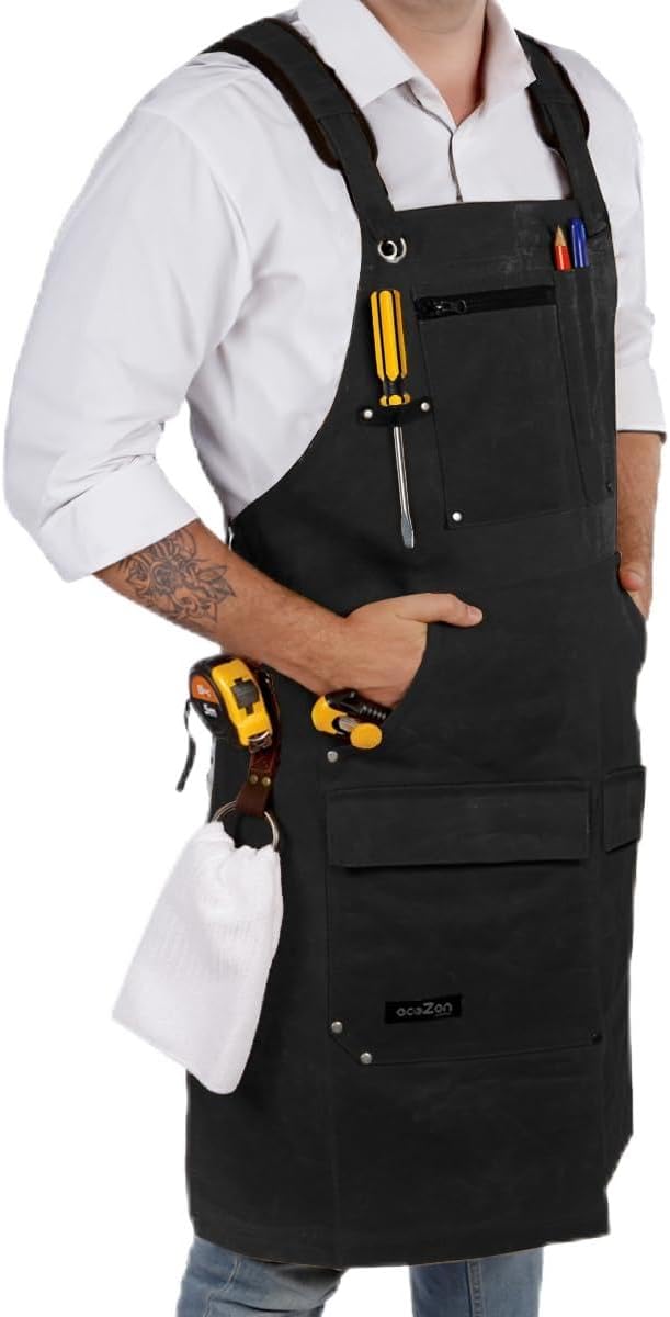 ecoZen Lifestyle Men’s Carpenter Apron – Heavy Duty Waxed Canvas Workshop & Woodworking Tool – Fully Adjustable S-XXXL – Woodworking Tools – Aprons for Men