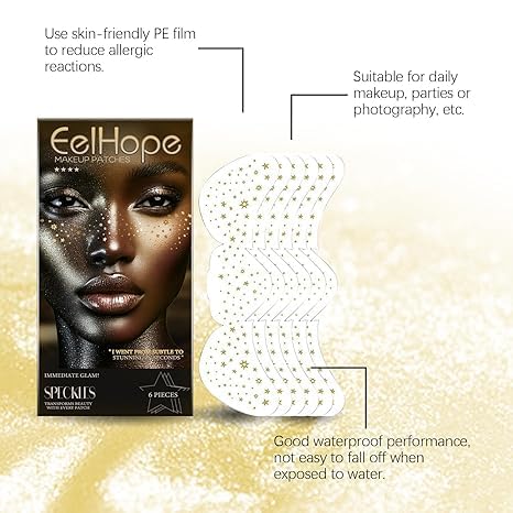 12PCS Gold Face Makeup Patches, Glitter Freckles Face Tattoo, Glitter Freckles, Sparkle Makeup Patches, Waterproof Face Glitter Speckles Patches for Women (Gold)