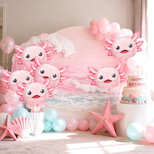 Image of 6 Pcs Axolotl Birthday Decorations, 26.8 inch Axolotl Balloon, Cute Inflatable Aluminum Foil Balloons, Summer Party Decorations, Beach Birthday Party Decorations, Axolotl Party Favors (Pink)
