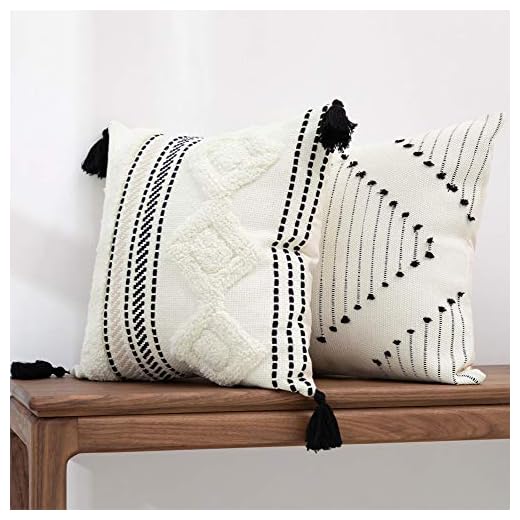 blue page Boho Throw Pillow Covers, Black and Cream White, Set of 2 Modern Farmhouse Accent Home Decor, Neutral Woven Decorative Pillow Covers for Couch/Bed (18 x 18 Inches, Ivory/Black)