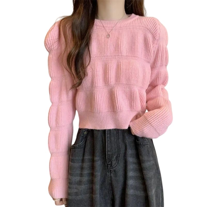 Women's Knitted Ribbed Sweater with Puff Sleeves, Casual Crew Neck Pullover Long Sleeve Winter Jumper-image-47