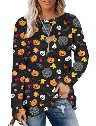 MOLERANI Damen Langarm Rundhals Freizeit T Shirts Blusen Sweatshirts Tunika Tops mit Tasche (S, Halloween-Kürbis)
