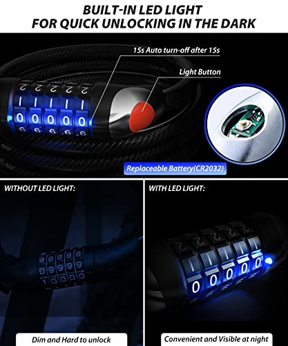 Bike Lock Cable Locks Sportneer - 6 Feet High Security 5-Digit Resettable Bicycle Combination Lock With Light For Night Unlocking, Scooter Lock With Mounting Bracket For Bikes(Thickened Version) #TOP1