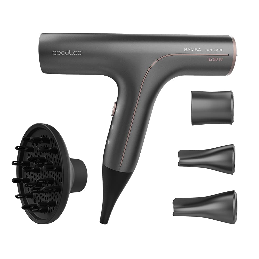 Cecotec Sèche-cheveux ionique Bamba Ionicare 6000 RockStar Soft Pro. Moteur numérique, faible consommation d'énergie, ions réels, protection extrême, fonction autonettoyante, 4 accessoires.