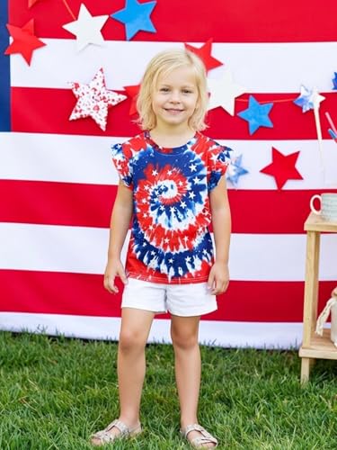 Image of Toddler Girls July 4th Shirts American Flag Ruffle Short Sleeve Patriotic Red White Blue Star Outfits Blouse Tops