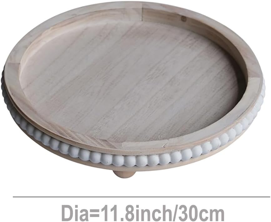 Round Wooden Footed Tray with White Distressed Beads, 11.8 inch Rustic Farmhouse Serving Tray Decorative Trays for Coffee Table Dining Room, Living Room, Kitchen, Bathroom Decro, White