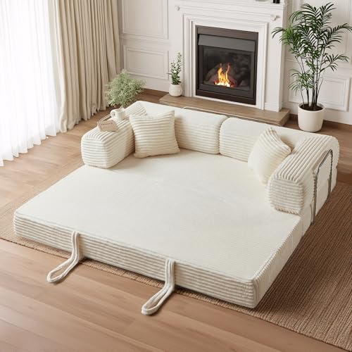 4-in-1 Folding Convertible Floor Sofa Bed , 80 Inch Oversized Boneless Couch Fold Out Sofabed with Fixed-Shape Frame, Corduroy Futon Loveseat Couch Mattress Daybed for Living Room Bedroom Lounge