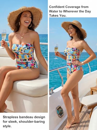 Image of Smismivo Tummy Control Swimwear Strapless One Piece Swimsuit Ruched Bathing Suits for Women Slimming Bandeau Tube Top Bikini