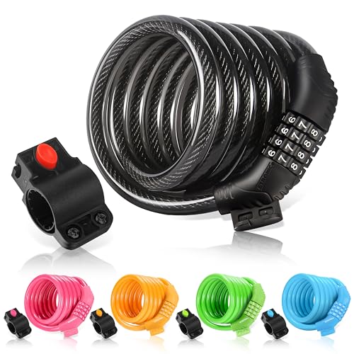 Etronic Bike Lock M6, Cable Lock 6 Feet Long Coiled Security Resettable Combo Combination Lock Bicycle Lock with Mounting Bracket