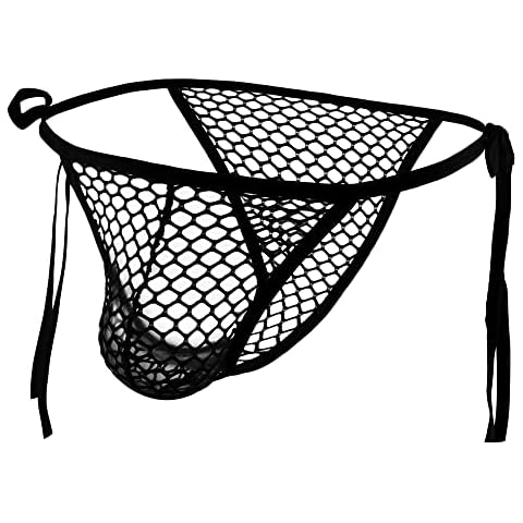 YOOBNG Men's Mesh Fishnet G-Strings See Through Low Rise Buldge Pouch Jockstrap Thongs with Tie Rope Bikini Black - L Cover