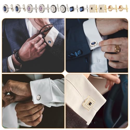 6 Pairs Cufflinks for Men Gorgeous Diamond Crystal Cufflinks Fashion Classic Tone Cuff Links Round Square Rectangle Cuff Links Shirt Studs Formal Business Wedding Gifts for Men4
