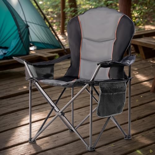 Foristrail Large Camping Chair with Side Table Heavy Duty 500LBS - Folding Outdoor Chair with Cooler Bag (Black & Light Gray, 1 PCS)