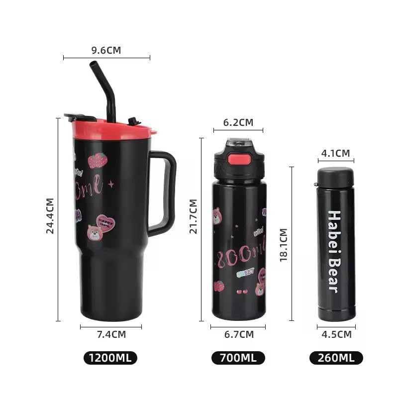 Image of Large Handle Water Bottle with Straw for Desk, Office, Travel - 1200 /900 /300 ML Gradient & Matte Hydration Bottle Set (Black & Red)